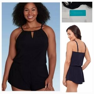 Aqua Green High Neck 1pc Black Swimsuit Romper With Pockets Sz 18W NWT